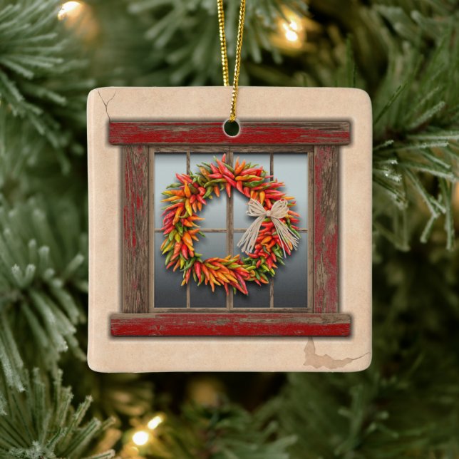 Southwest Festive Chile Wreath Window Personalized Ceramic Ornament (Tree)