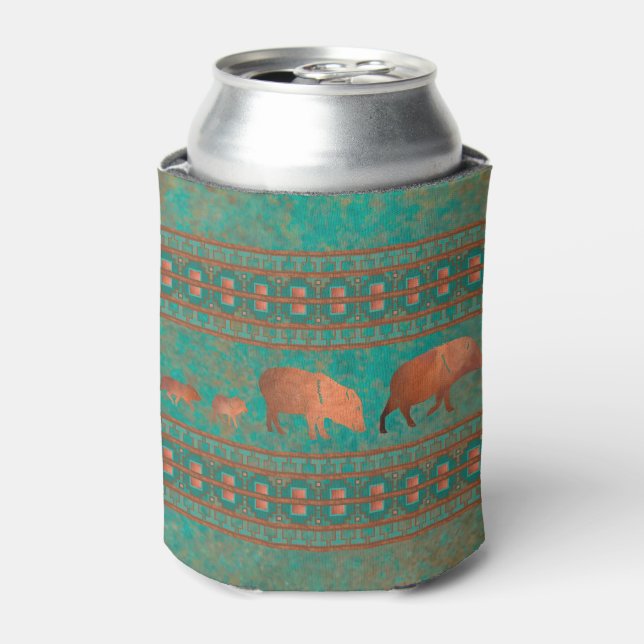 Southwest Fun Javelina Family Copper Teal Can Cooler (Can Front)
