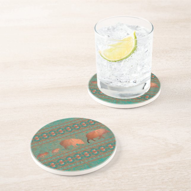 Southwest Fun Javelina Family Copper Teal Coaster (Side)