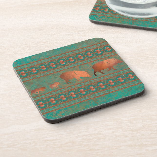 Southwest Fun Javelina Family Copper Teal Coaster (Left Side)