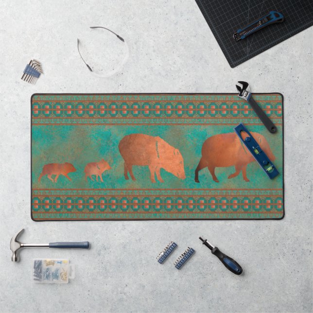 Southwest Fun Javelina Family Copper Teal Desk Mat (Workstation)