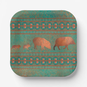 Southwest Fun Javelina Family Copper Teal Paper Plate