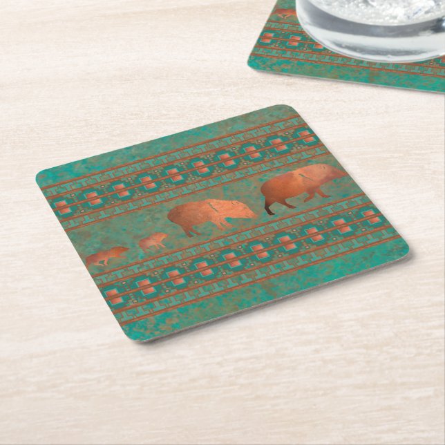 Southwest Fun Javelina Family Copper Teal Square Paper Coaster (Angled)