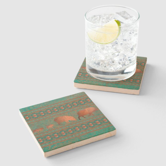Southwest Fun Javelina Family Copper Teal Stone Coaster (Side)