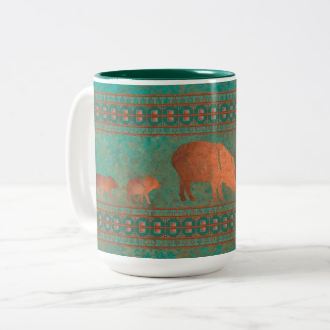 Southwest Fun Javelina Family Copper Teal Two-Tone Coffee Mug (Front Left)