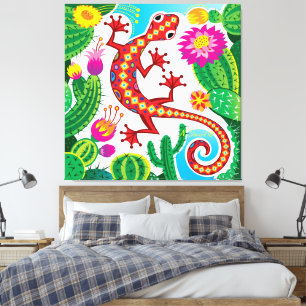 Southwest Gecko with Cactus Blossoms Canvas Print