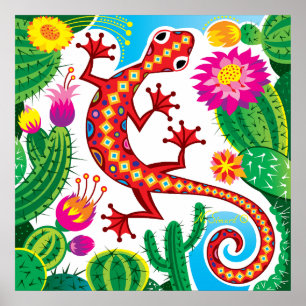 Southwest Gecko with Cactus Blossoms Poster