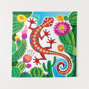 Southwest Gecko with Cactus Blossoms Tapestry