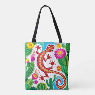 Southwest Gecko with Cactus Blossoms Tote Bag