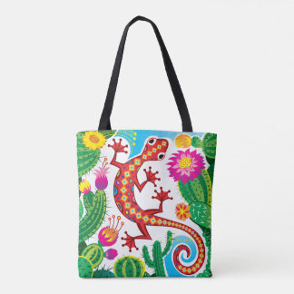 Southwest Gecko with Cactus Blossoms Tote Bag