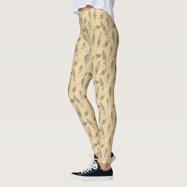 Southwest Geo Step | Coral Feather Pattern Leggings (Left)