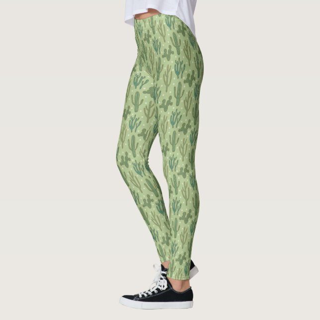 Southwest Geo Step | Green Cactus Pattern Leggings (Left)