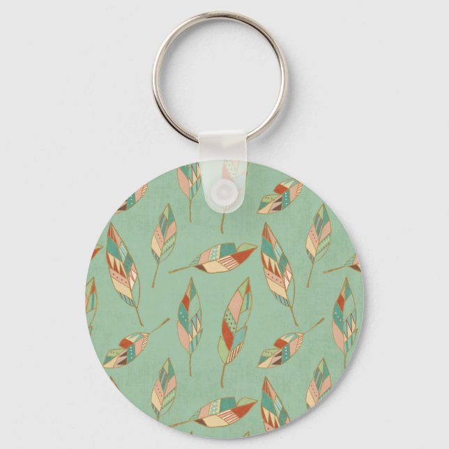 Southwest Geo Step | Green Feather Pattern Key Ring (Front)