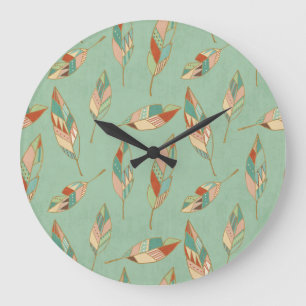 Southwest Geo Step   Green Feather Pattern Large Clock