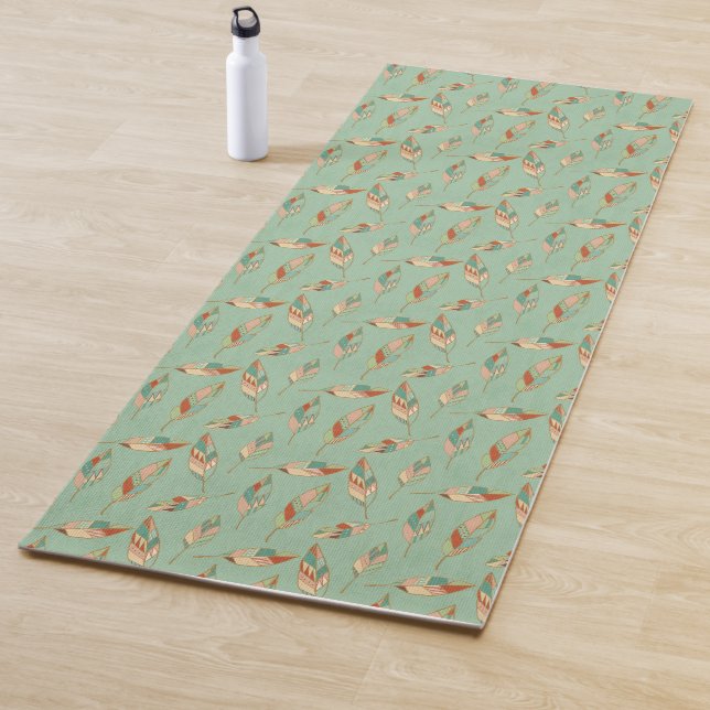 Southwest Geo Step | Green Feather Pattern Yoga Mat (In Situ)