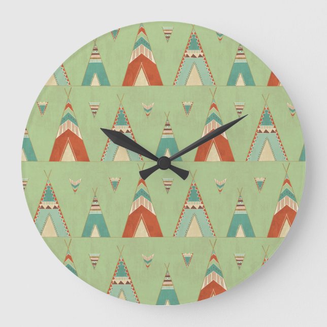 Southwest Geo Step | Green Teepee Pattern Large Clock (Front)