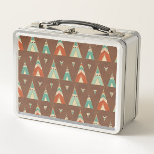Southwest Geo Step Teal Teepee Pattern Metal Lunch Box