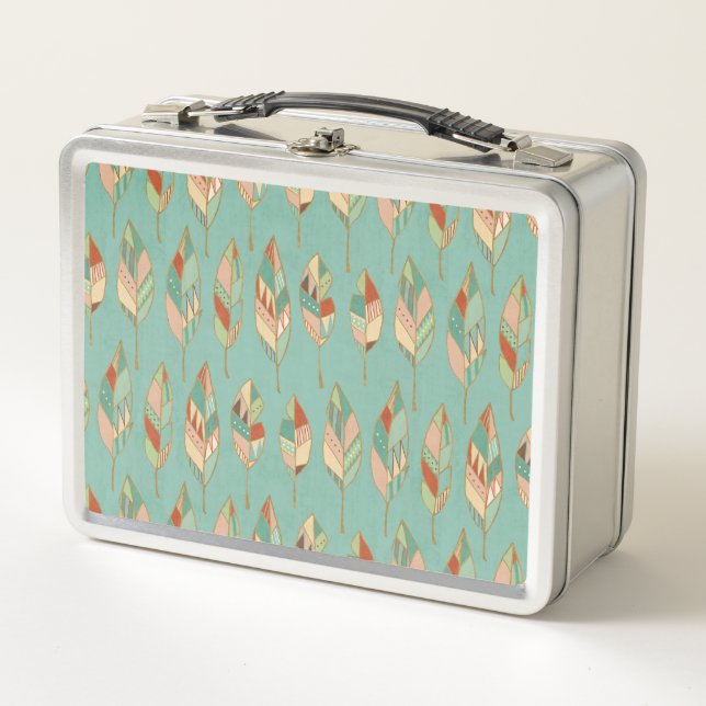 Southwest Geo Step | Watercolor Feather Pattern Metal Lunch Box (Front)