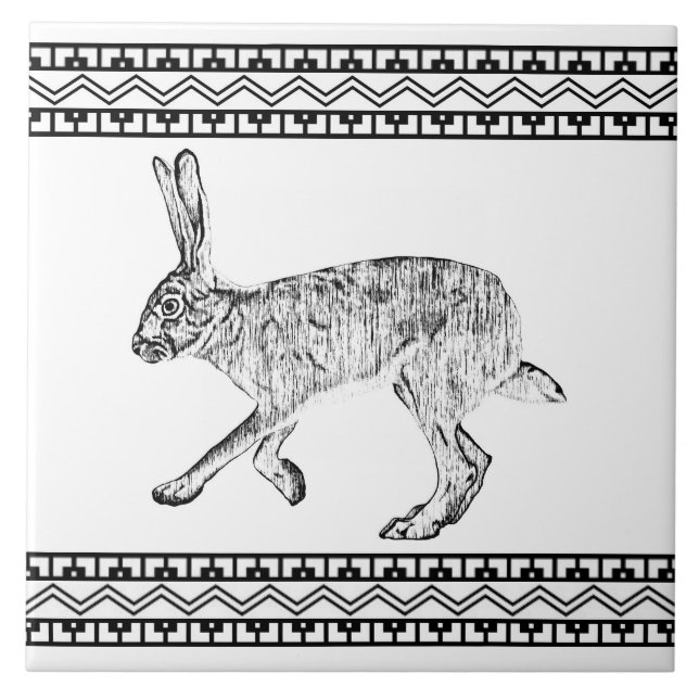 Southwest Jackrabbit Black & White Geometric Print Tile (Front)