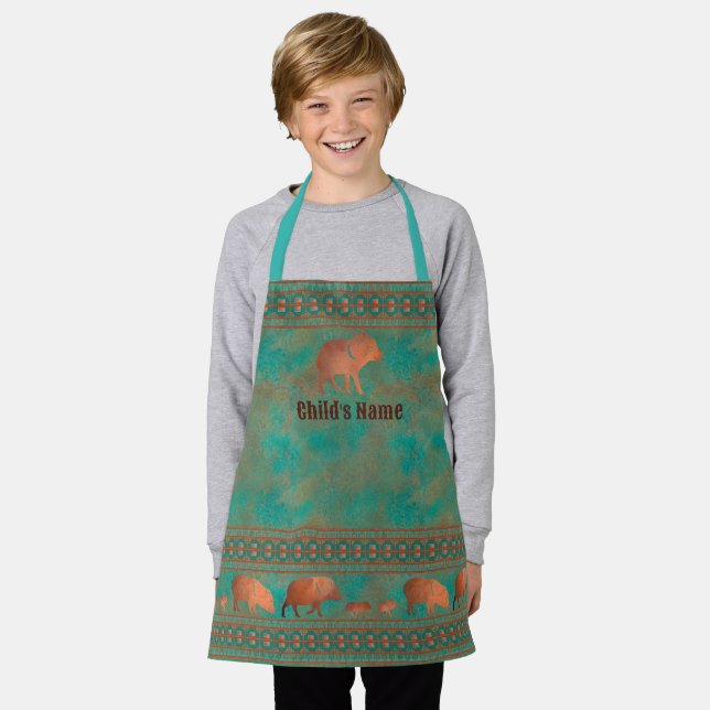Southwest Javelina Childs Personalised Copper Teal Apron (Worn)