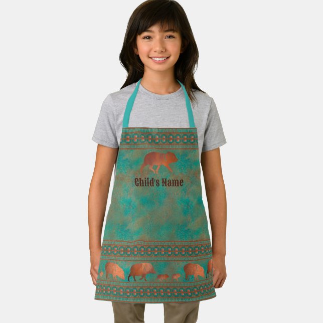 Southwest Javelina Copper Teal Personalised Childs Apron (Insitu)