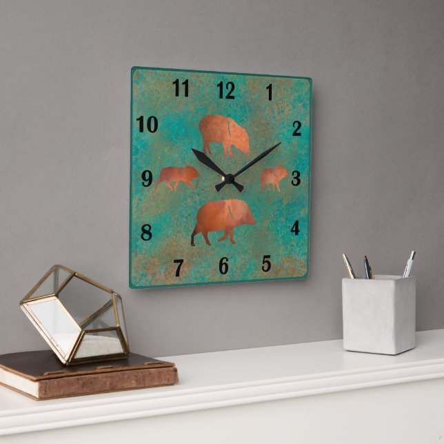 Southwest Javelina Family Teal Regular Numbers Square Wall Clock (Office)