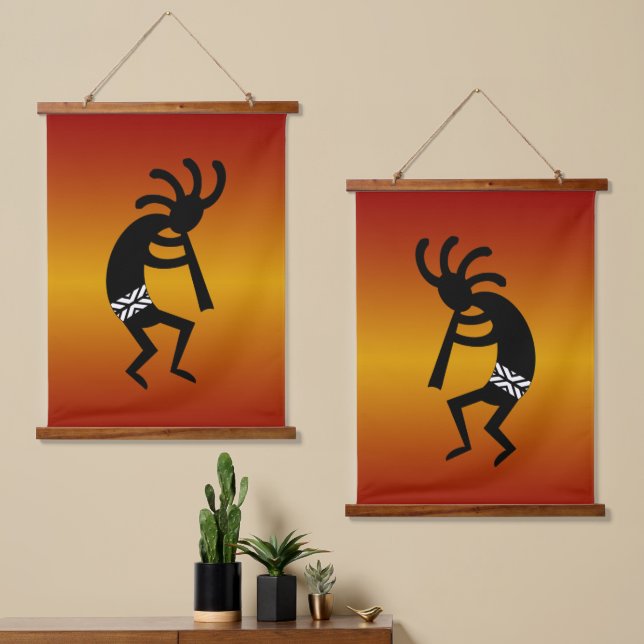 Southwest Kokopelli Black Orange Sunset Hanging Tapestry (Asymmetrical)