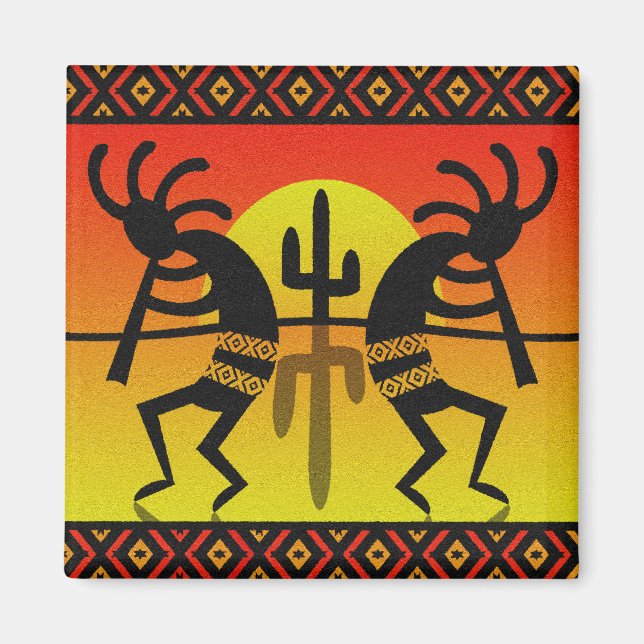 Southwest Kokopelli Cactus Tribal Design Magnet (Front)