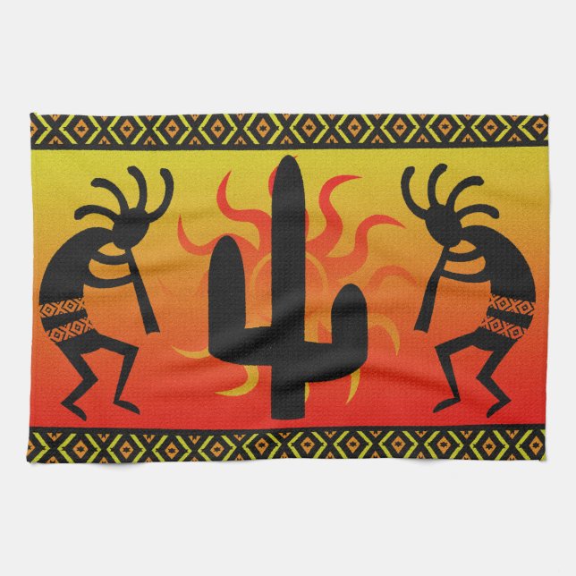 Southwest Kokopelli Cactus Tribal Design Tea Towel (Horizontal)