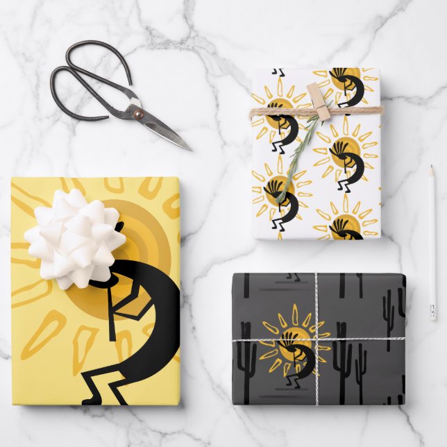 Southwest Kokopelli Golden Sun Wrapping Paper Sheet (Front)