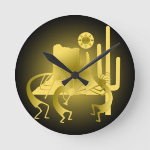 Southwest Kokopelli in Black & Gold Round Clock