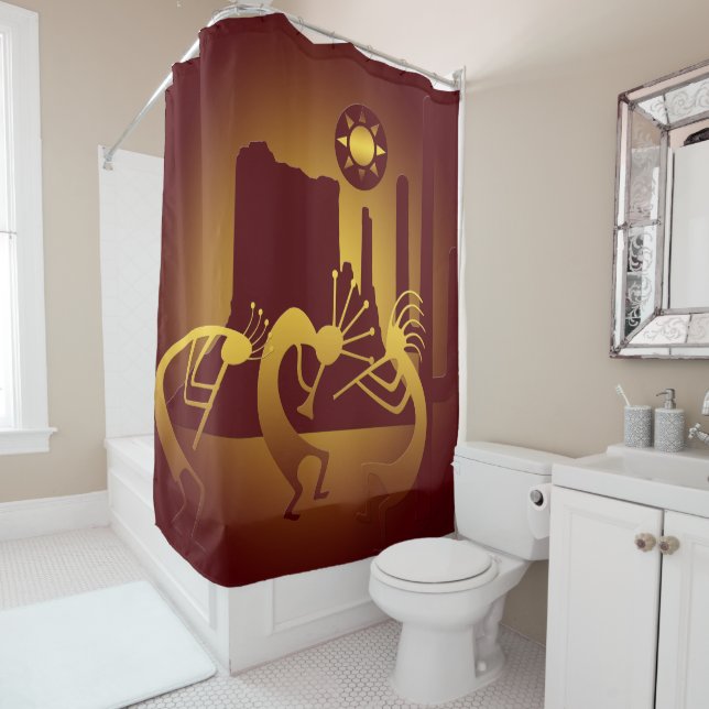 Southwest Kokopelli in Burgundy and Gold Shower Curtain (In Situ)