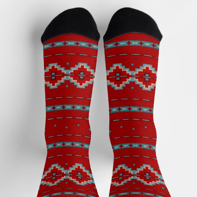 Southwest Mesas Geometric Stripe Red and Turquoise Socks (Top)
