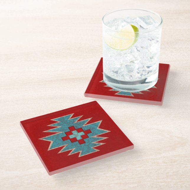 Southwest Mesas Red and Turquoise Glass Coaster (Angled)