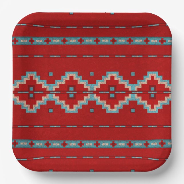 Southwest Mesas Red & Turquoise Geometric Design  Paper Plate (Front)