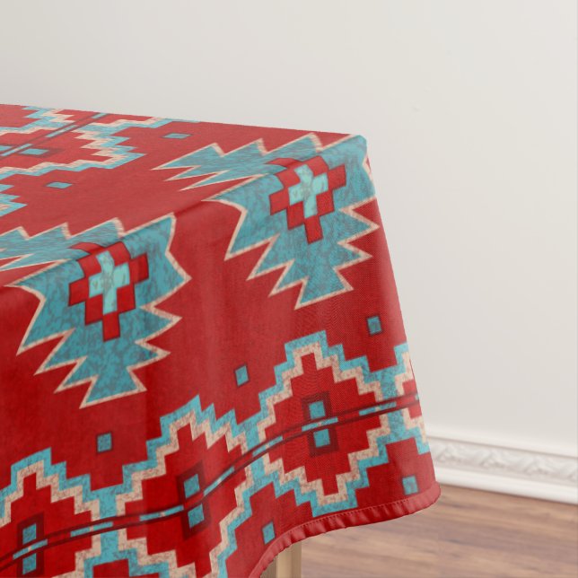 Southwest Mesas Red & Turquoise Geometric Large Tablecloth (In Situ)