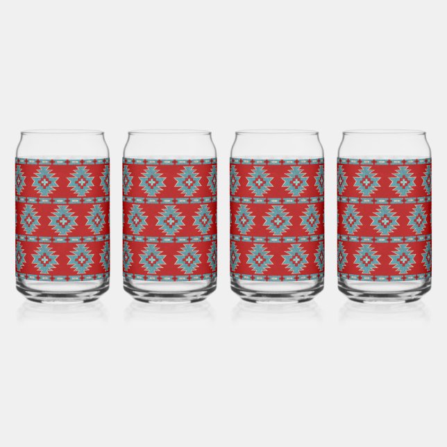 Southwest Mesas Red & Turquoise geometric pattern Can Glass (Front)