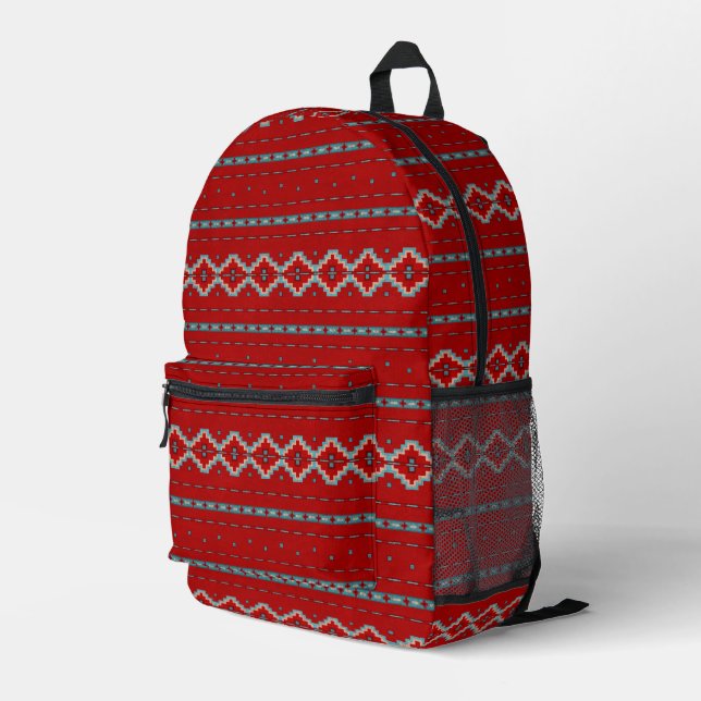 Southwest Mesas Red & Turquoise Geometric Pattern Printed Backpack (Back Corner Right)