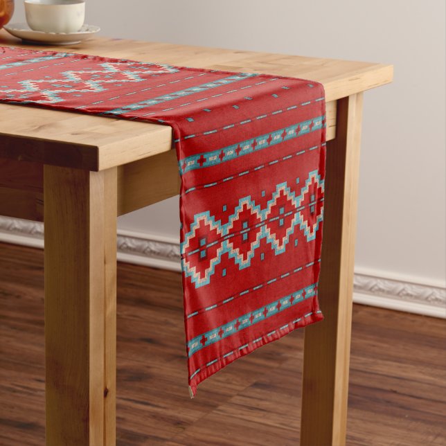 Southwest Mesas Red & Turquoise Short Table Runner (In Situ)