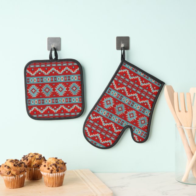 Southwest Mesas Turquoise and Red Geometric Design Oven Mitt & Pot Holder Set (Insitu(Hanging))