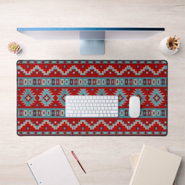 Southwest Mesas Turquoise and Red Geometric Print Desk Mat (Office 1)