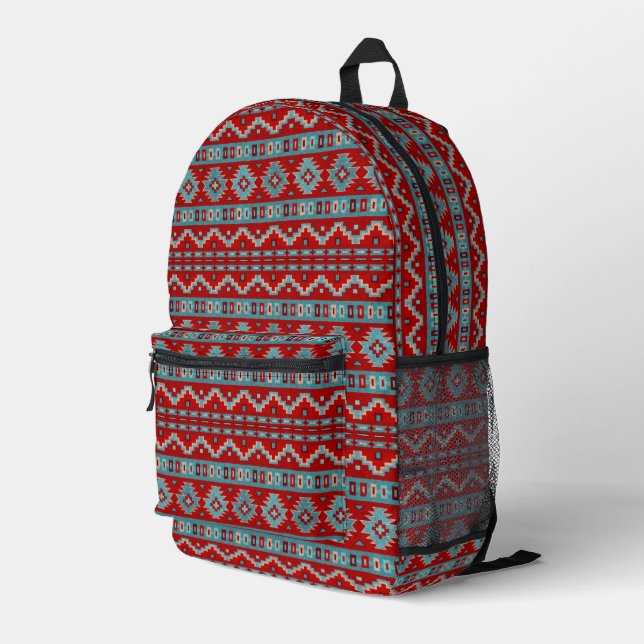 Southwest Mesas Turquoise and Red Geometric Printed Backpack (Back Corner Right)