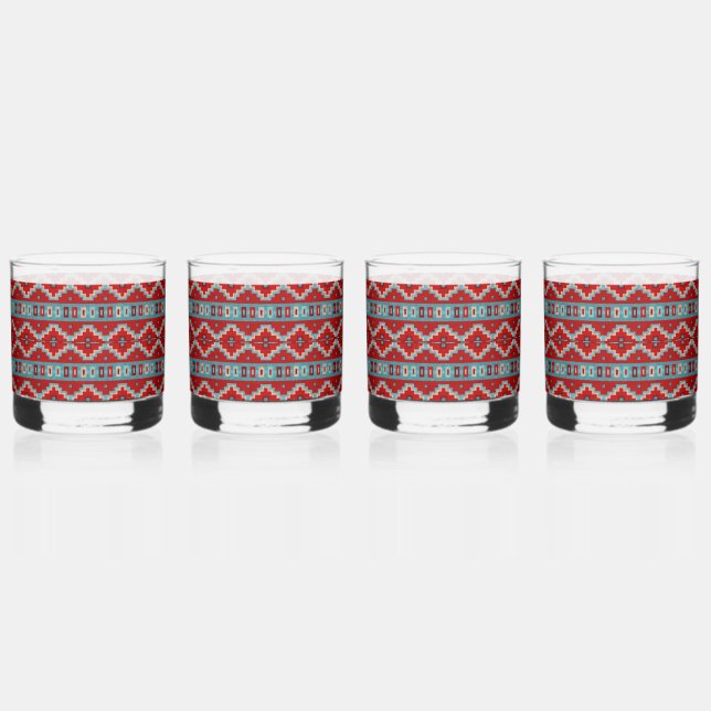 Southwest Mesas Turquoise and Red    Whiskey Glass (Front)