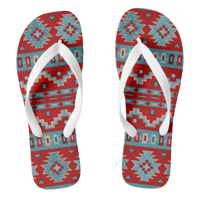 Southwest Mesas Turquoise & Red Flip Flops (Footbed)