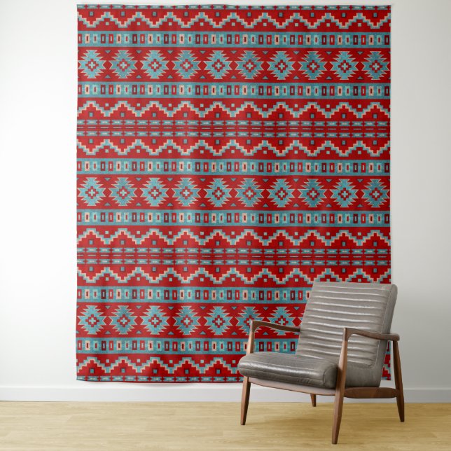 Southwest Mesas Turquoise & Red Geometric Design Tapestry (In Situ)