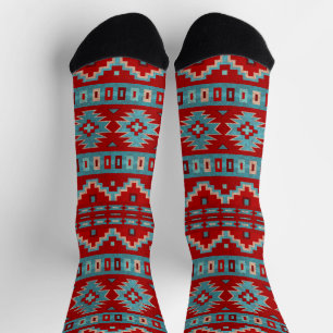 Southwest Mesas Turquoise & Red Geometric Pattern Socks