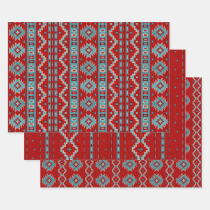 Southwest Mesas Turquoise & Red Geometric Patterns Wrapping Paper Sheet
