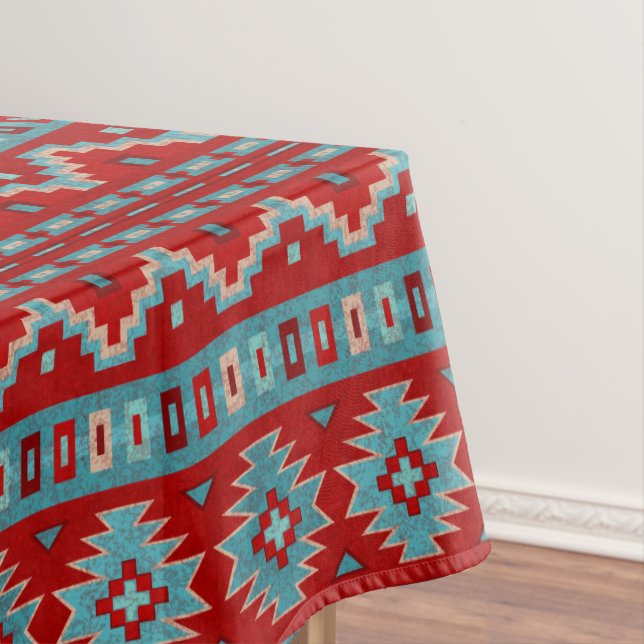 Southwest Mesas Turquoise & Red Small Tablecloth (In Situ)