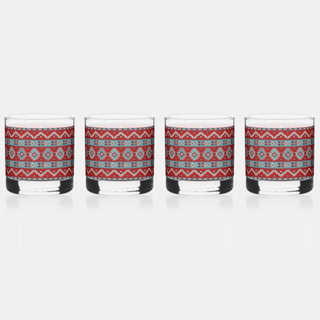 Southwest Mesas Turquoise & Red  Whiskey Glass (Front)