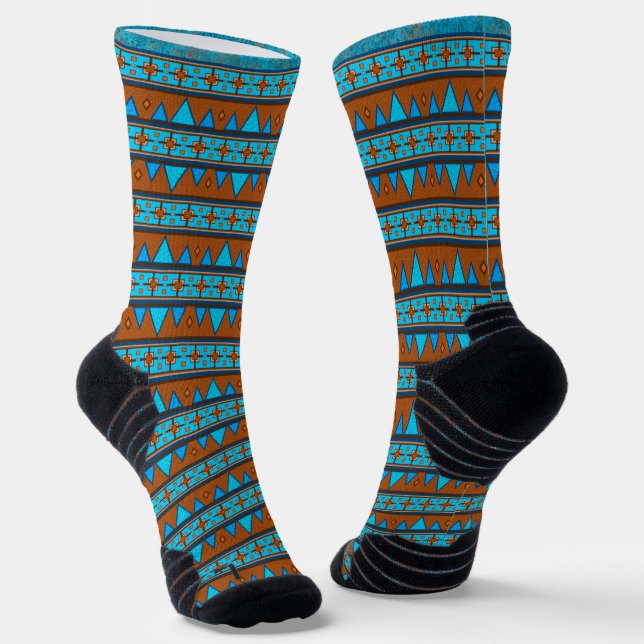 Southwest Mountain Peak Geometric Stripe Turquoise Socks (Angled)